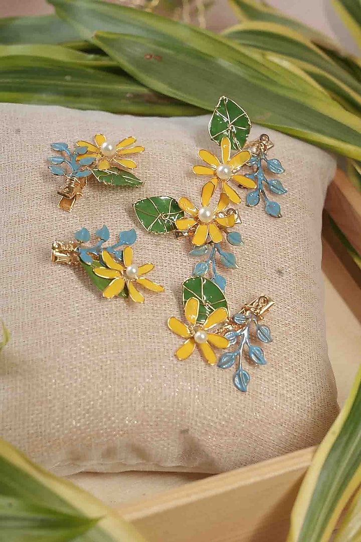 Yellow Pearl & Resin Handcrafted Hair Pins (Set Of 5) by FLORISTAA BY MAHEK at Pernia's Pop Up Shop