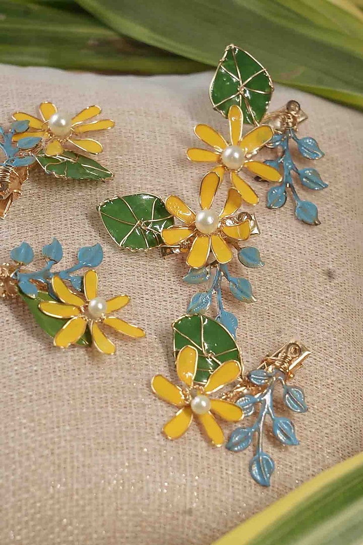 Yellow Pearl & Resin Handcrafted Hair Pins (Set Of 5) by FLORISTAA BY MAHEK at Pernia's Pop Up Shop