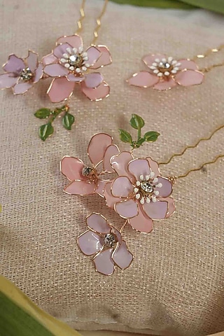 Pink Pearl & Resin Handcrafted Hair Pins (Set Of 5) by FLORISTAA BY MAHEK
