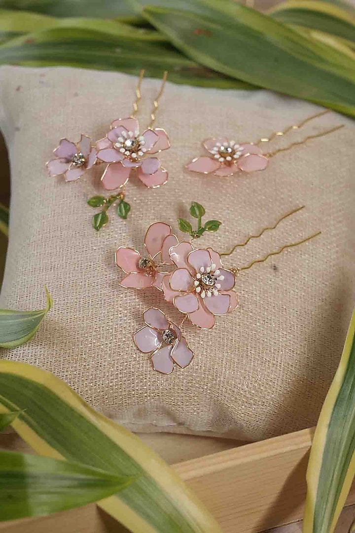 Pink Pearl & Resin Handcrafted Hair Pins (Set Of 5) by FLORISTAA BY MAHEK at Pernia's Pop Up Shop