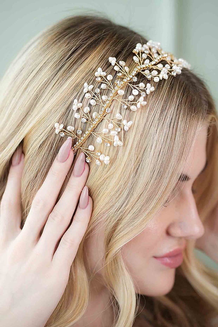 Gold Freshwater Pearl Hairband by FLORISTAA BY MAHEK at Pernia's Pop Up Shop