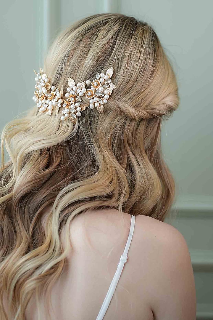 Gold Pearl & Crystal Hair Comb by FLORISTAA BY MAHEK at Pernia's Pop Up Shop