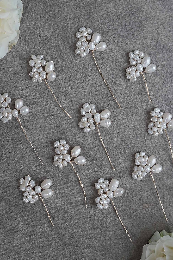 Gold Pearl Hair Pins (Set of 10) by FLORISTAA BY MAHEK at Pernia's Pop Up Shop