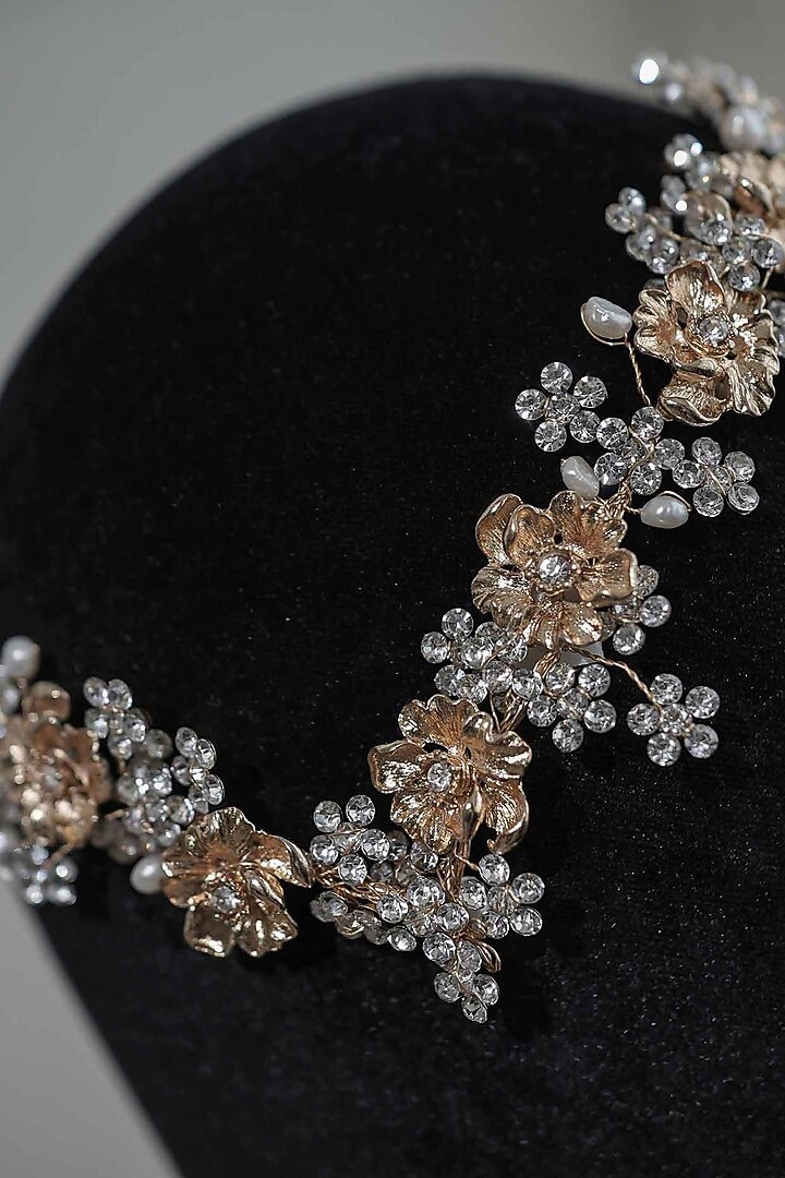 Gold Pearl & Floral Embellished Hairband by FLORISTAA BY MAHEK at Pernia's Pop Up Shop