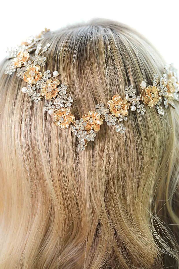 Gold Pearl & Floral Embellished Hairband by FLORISTAA BY MAHEK at Pernia's Pop Up Shop