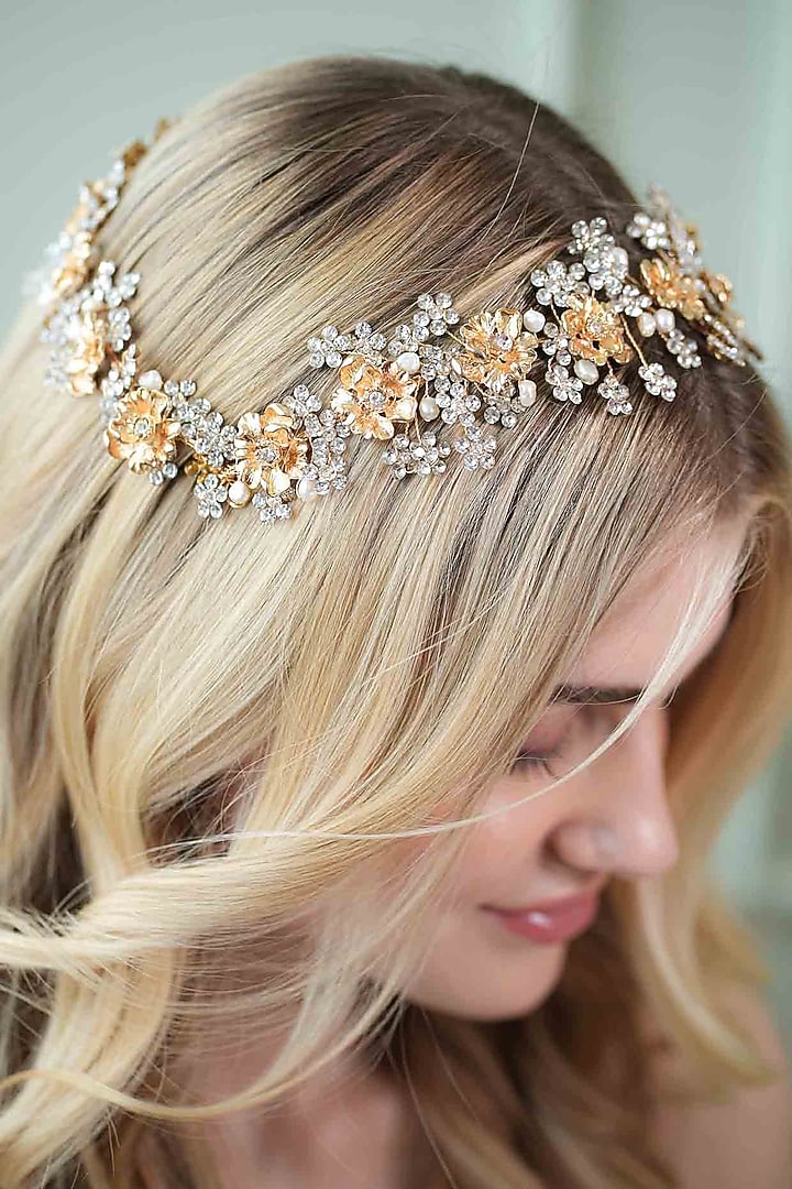 Gold Pearl & Floral Embellished Hairband by FLORISTAA BY MAHEK at Pernia's Pop Up Shop