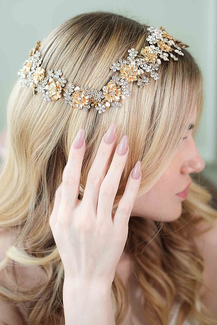 Gold Pearl & Floral Embellished Hairband by FLORISTAA BY MAHEK at Pernia's Pop Up Shop