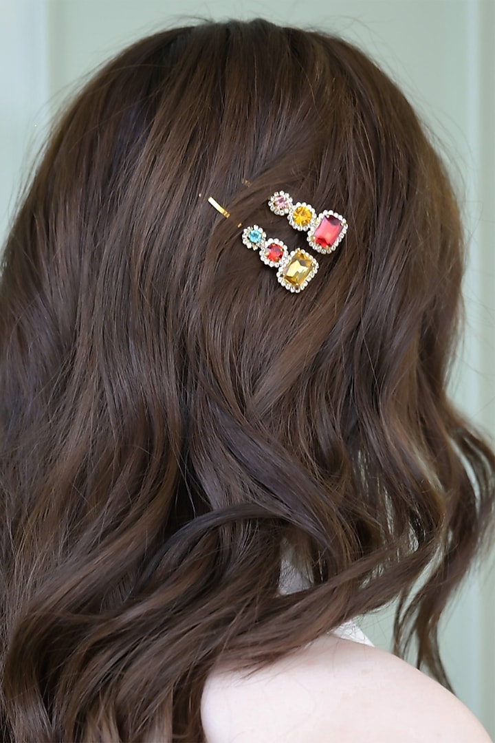 Gold Finish Multi-Colored Stone Hair Pins (Set of 10) by FLORISTAA BY MAHEK at Pernia's Pop Up Shop