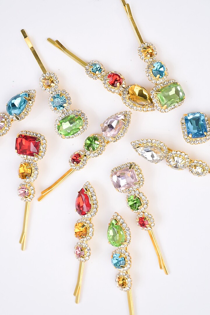 Gold Finish Multi-Colored Stone Hair Pins (Set of 10) by FLORISTAA BY MAHEK at Pernia's Pop Up Shop