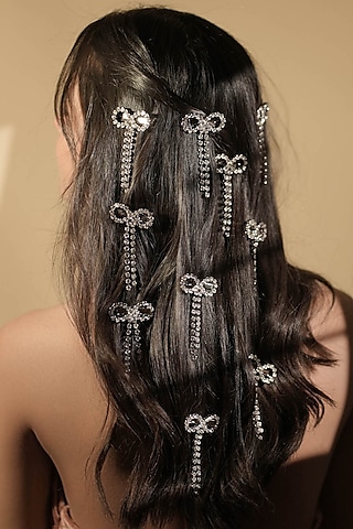 Silver Natural Crystal Stone Hair Pins (Set of 5) by FLORISTAA BY MAHEK