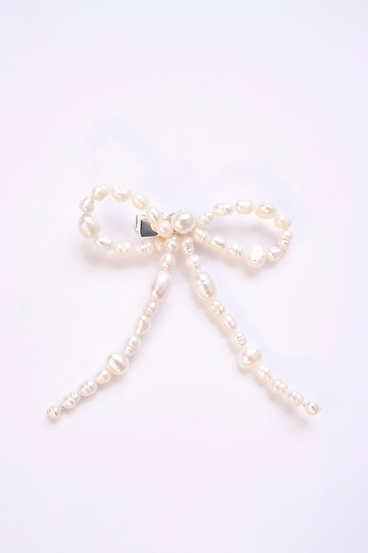 White Handcrafted Pearl Hair Bow (Set of 2) by FLORISTAA BY MAHEK at Pernia's Pop Up Shop