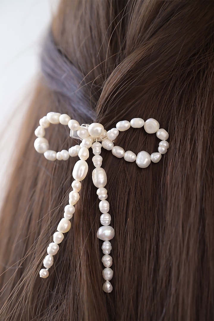 White Handcrafted Pearl Hair Bow (Set of 2) by FLORISTAA BY MAHEK at Pernia's Pop Up Shop