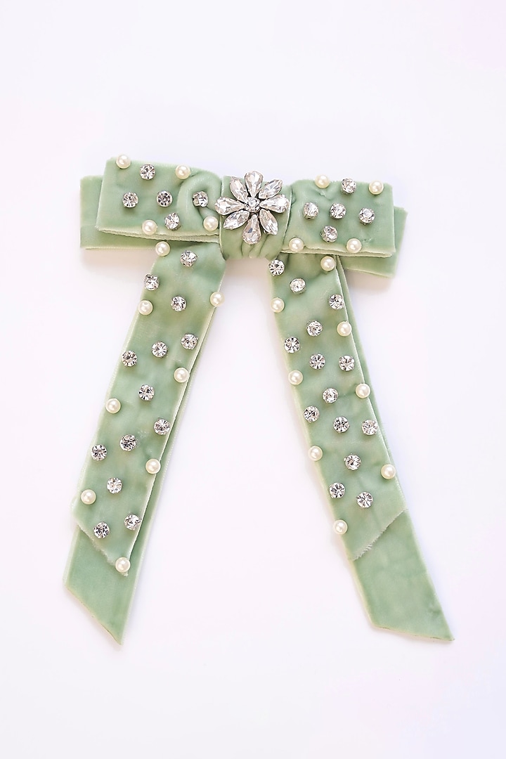 Green Velvet Crystal Hair Bow (Set of 2) by FLORISTAA BY MAHEK at Pernia's Pop Up Shop