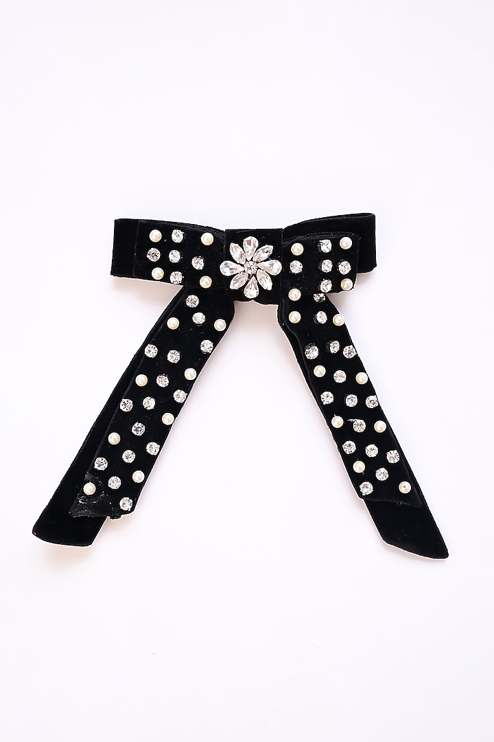 Black Velvet Crystal Hair Bow (Set of 2) by FLORISTAA BY MAHEK at Pernia's Pop Up Shop
