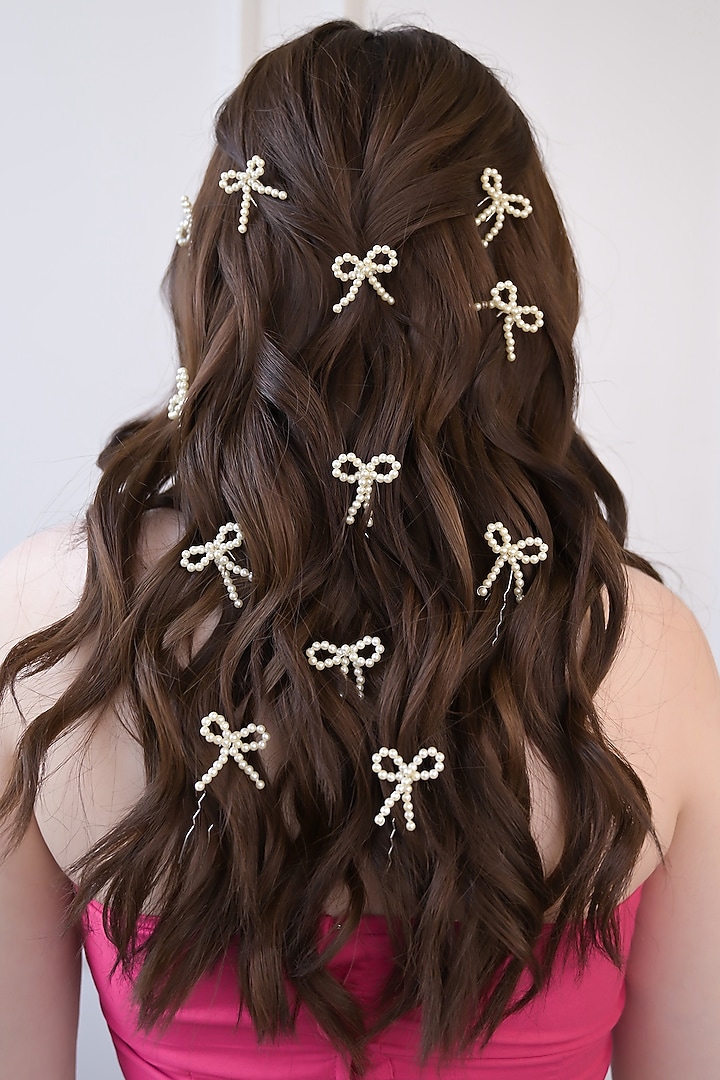 White Pearl Hair Pins (Set of 10) by FLORISTAA BY MAHEK at Pernia's Pop Up Shop