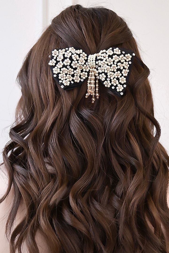 Black Floral Pearl Hair Bow by FLORISTAA BY MAHEK at Pernia's Pop Up Shop