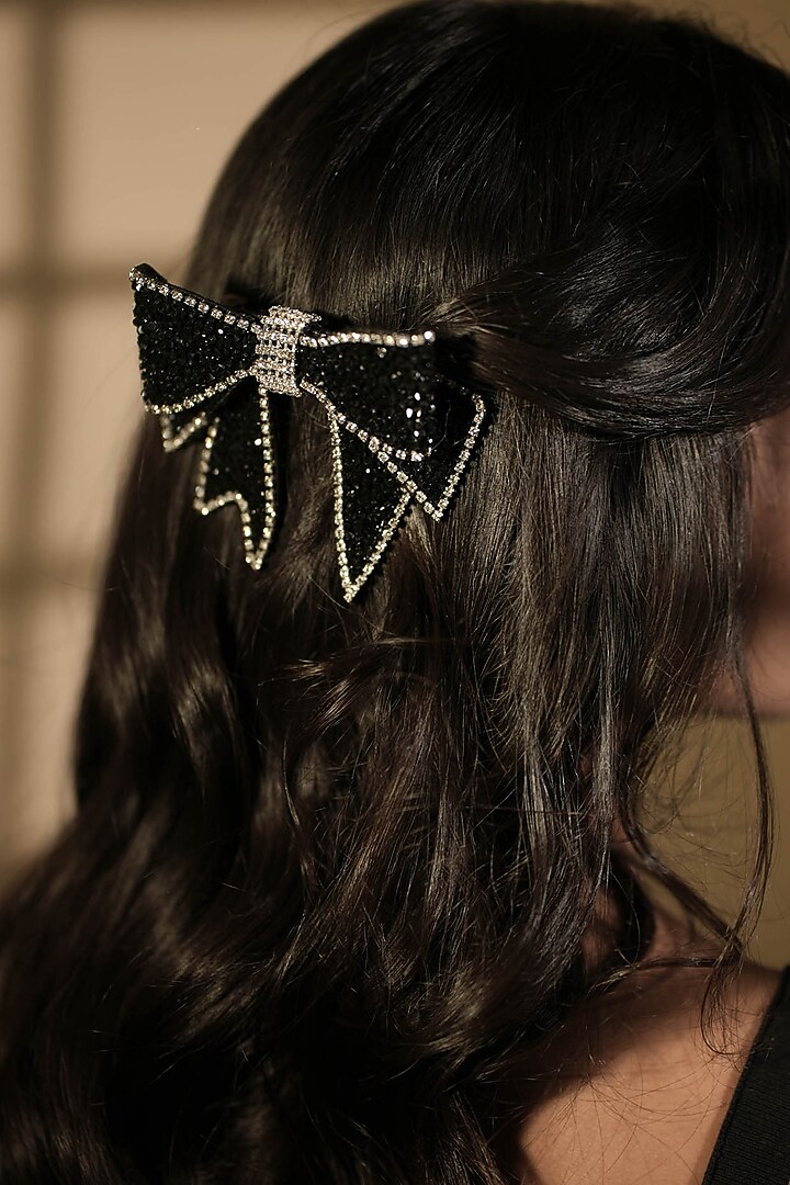 Black Crystal Hair Bow (Set of 2) by FLORISTAA BY MAHEK at Pernia's Pop Up Shop
