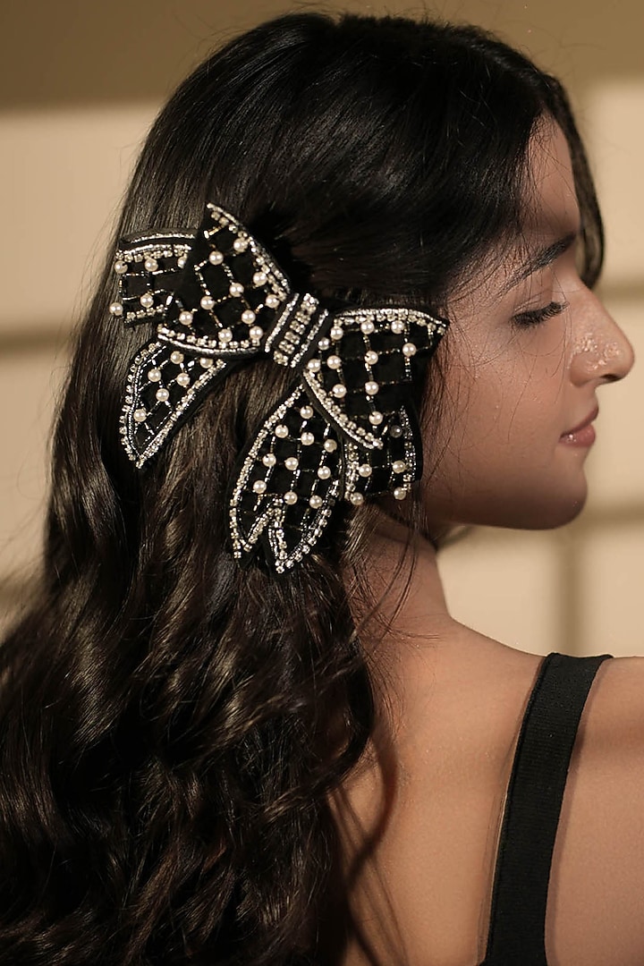 Black Crystal & Pearl Hair Bow (Set of 2) by FLORISTAA BY MAHEK at Pernia's Pop Up Shop