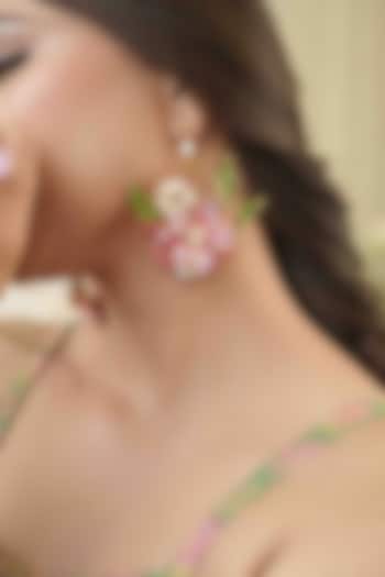 Gold Finish Pink Gemstone & Resin Floral Earrings by FLORISTAA BY MAHEK at Pernia's Pop Up Shop