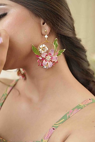 Gold Finish Pink Gemstone & Resin Floral Earrings by FLORISTAA BY MAHEK
