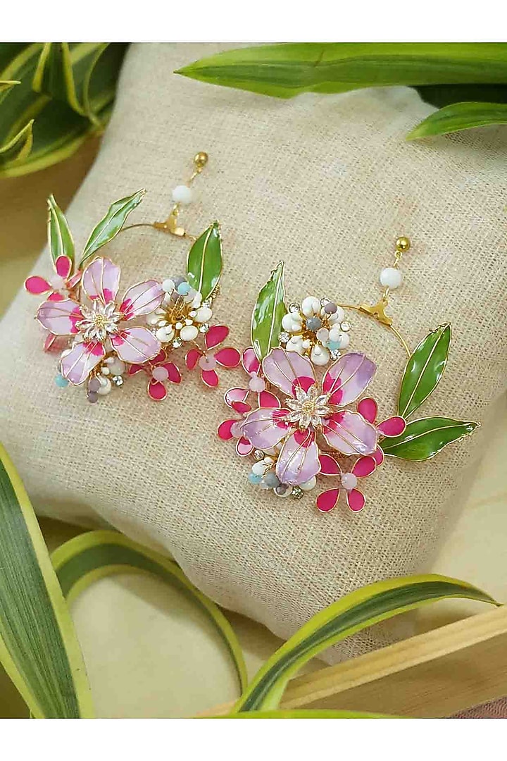 Gold Finish Pink Gemstone & Resin Floral Earrings by FLORISTAA BY MAHEK at Pernia's Pop Up Shop