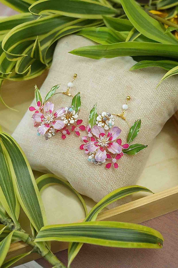 Gold Finish Pink Gemstone & Resin Floral Earrings by FLORISTAA BY MAHEK at Pernia's Pop Up Shop