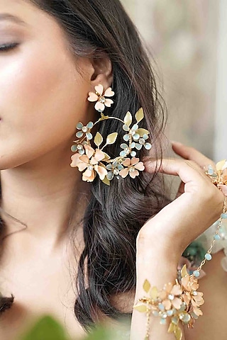 Gold Finish Orange Gemstone & Resin Floral Earrings by FLORISTAA BY MAHEK