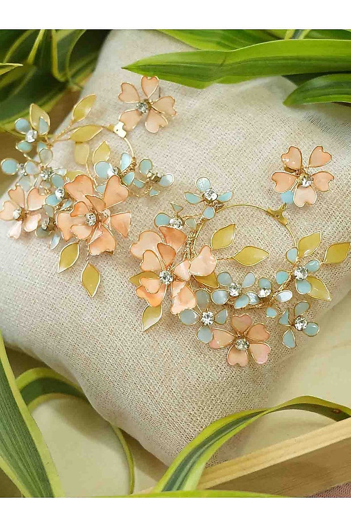 Gold Finish Orange Gemstone & Resin Floral Earrings by FLORISTAA BY MAHEK at Pernia's Pop Up Shop