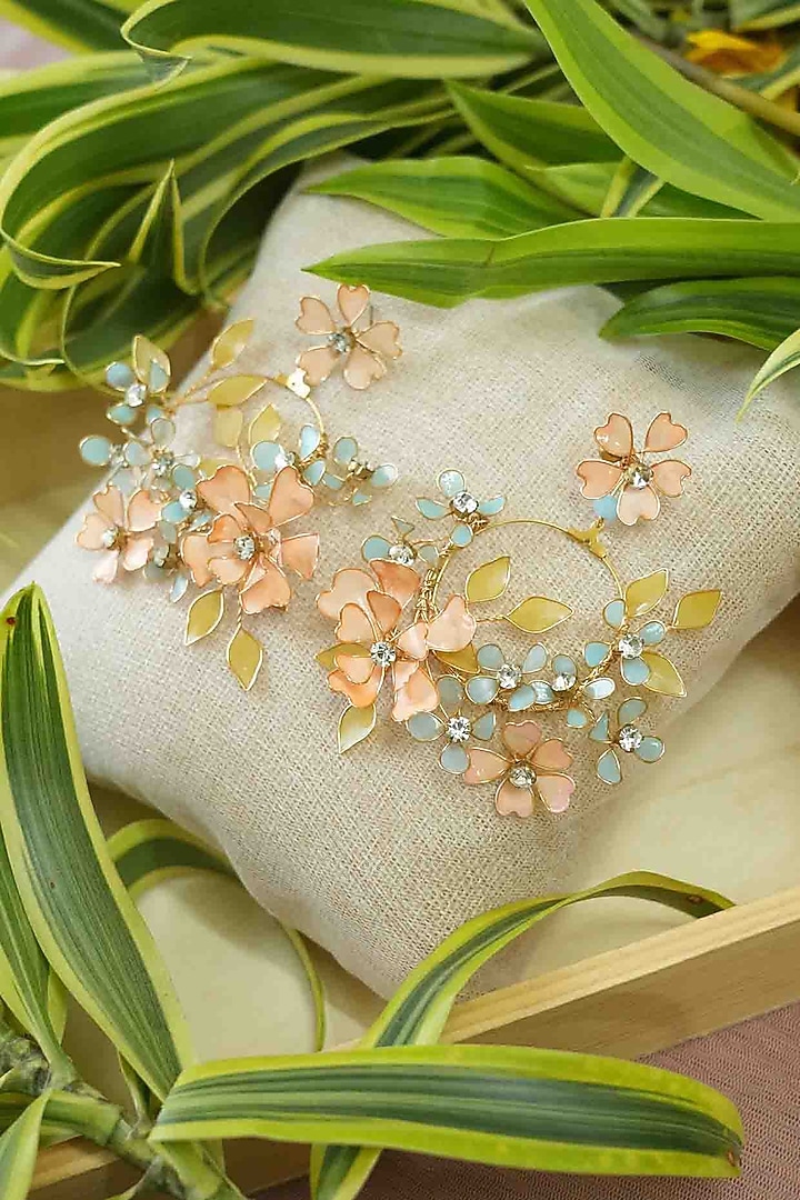 Gold Finish Orange Gemstone & Resin Floral Earrings by FLORISTAA BY MAHEK at Pernia's Pop Up Shop