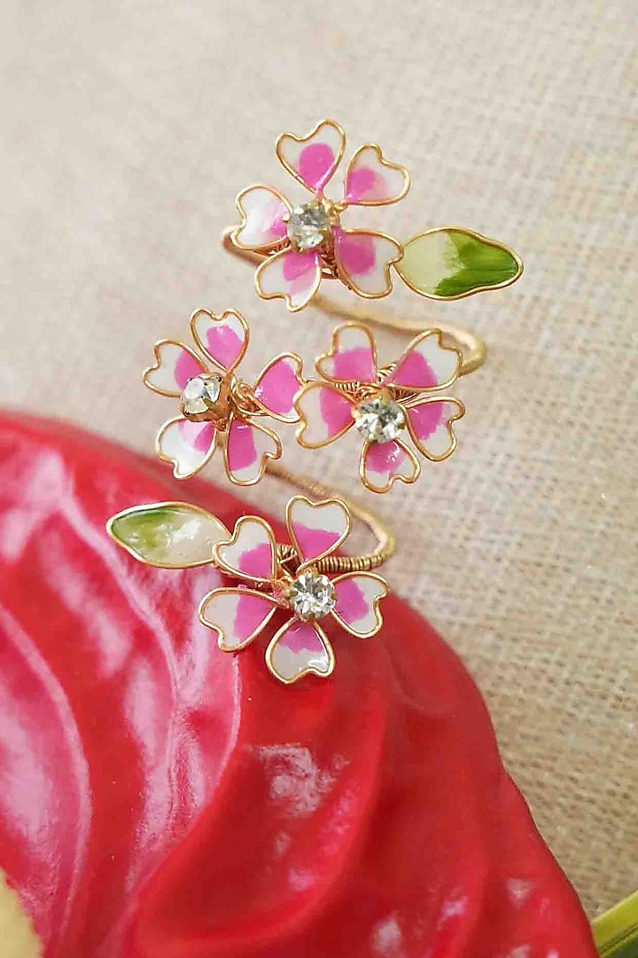 Gold Finish Pink Gemstone & Resin Floral Ring by FLORISTAA BY MAHEK at Pernia's Pop Up Shop