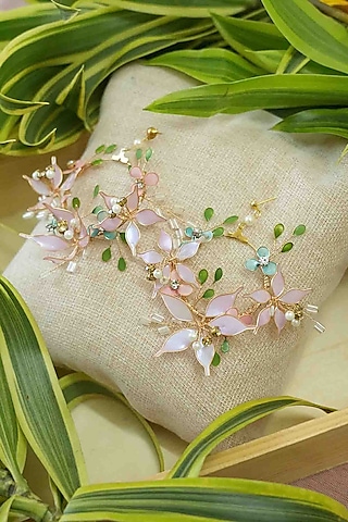 Gold Finish Off-White Gemstone & Resin Floral Earrings by FLORISTAA BY MAHEK