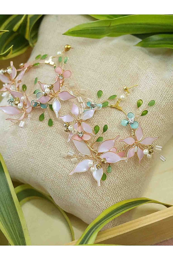 Gold Finish Off-White Gemstone & Resin Floral Earrings by FLORISTAA BY MAHEK at Pernia's Pop Up Shop