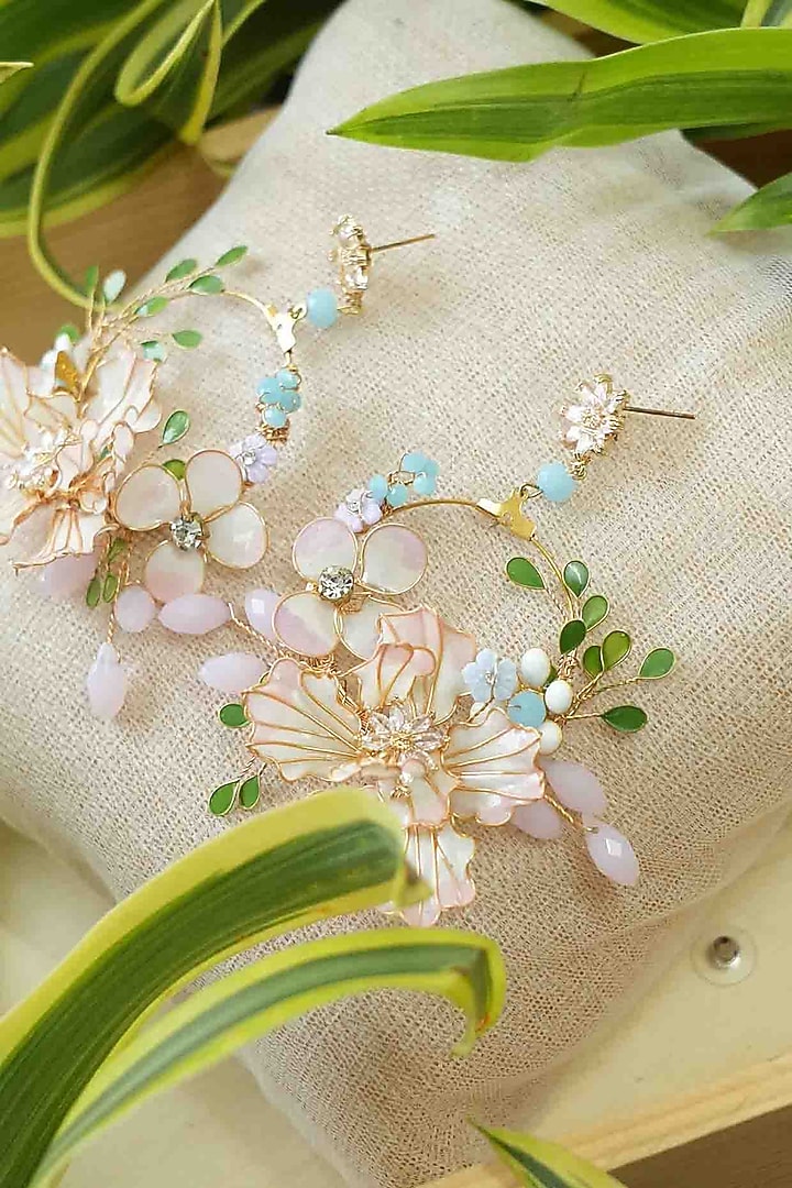 Gold Finish Off-White Gemstone & Resin Floral Earrings by FLORISTAA BY MAHEK at Pernia's Pop Up Shop