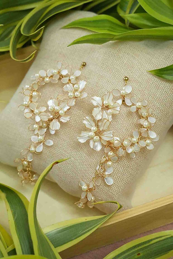 Gold Finish Off-White Gemstone & Resin Floral Earrings by FLORISTAA BY MAHEK at Pernia's Pop Up Shop