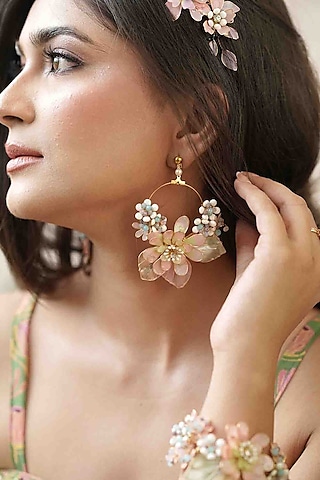 Gold Finish White Gemstone & Resin Floral Earrings by FLORISTAA BY MAHEK