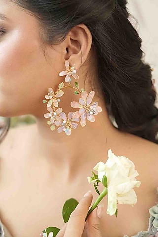 Gold Finish White Gemstone & Resin Floral Earrings by FLORISTAA BY MAHEK