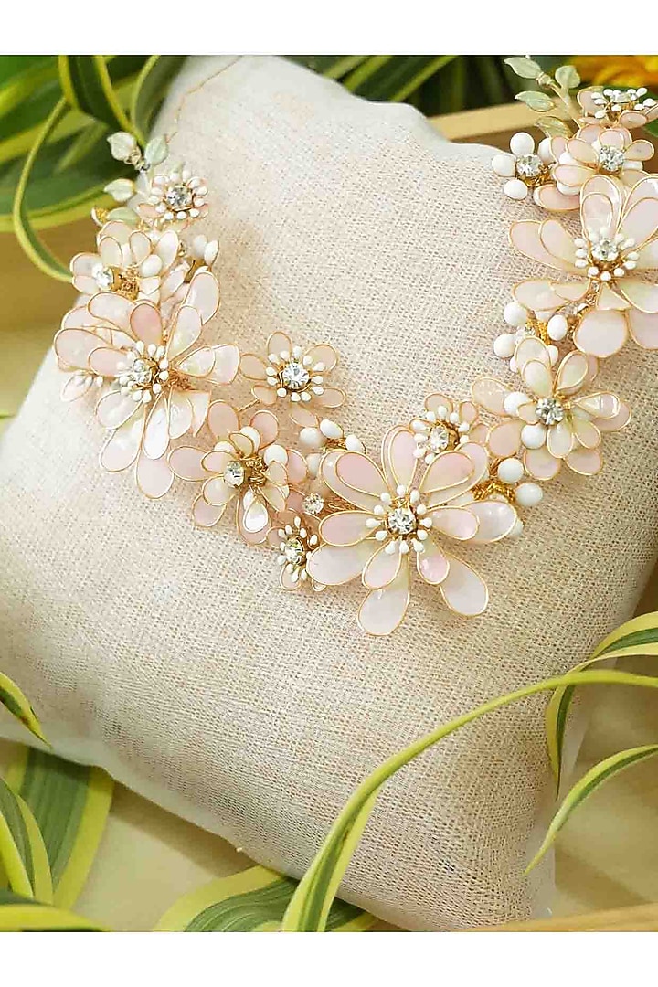 Gold Finish Off-White Gemstone & Resin Floral Necklace by FLORISTAA BY MAHEK at Pernia's Pop Up Shop