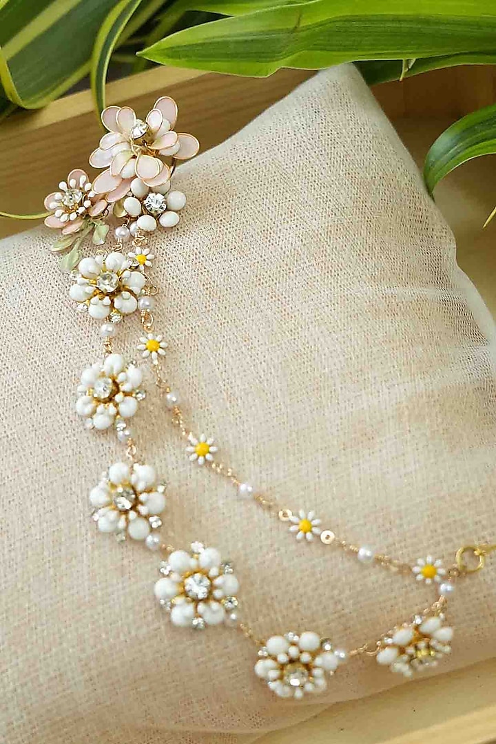 Gold Finish Off-White Gemstone & Resin Floral Earrings by FLORISTAA BY MAHEK at Pernia's Pop Up Shop