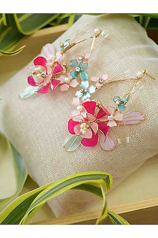 Gold Finish Pink Gemstone & Resin Floral Earrings by FLORISTAA BY MAHEK