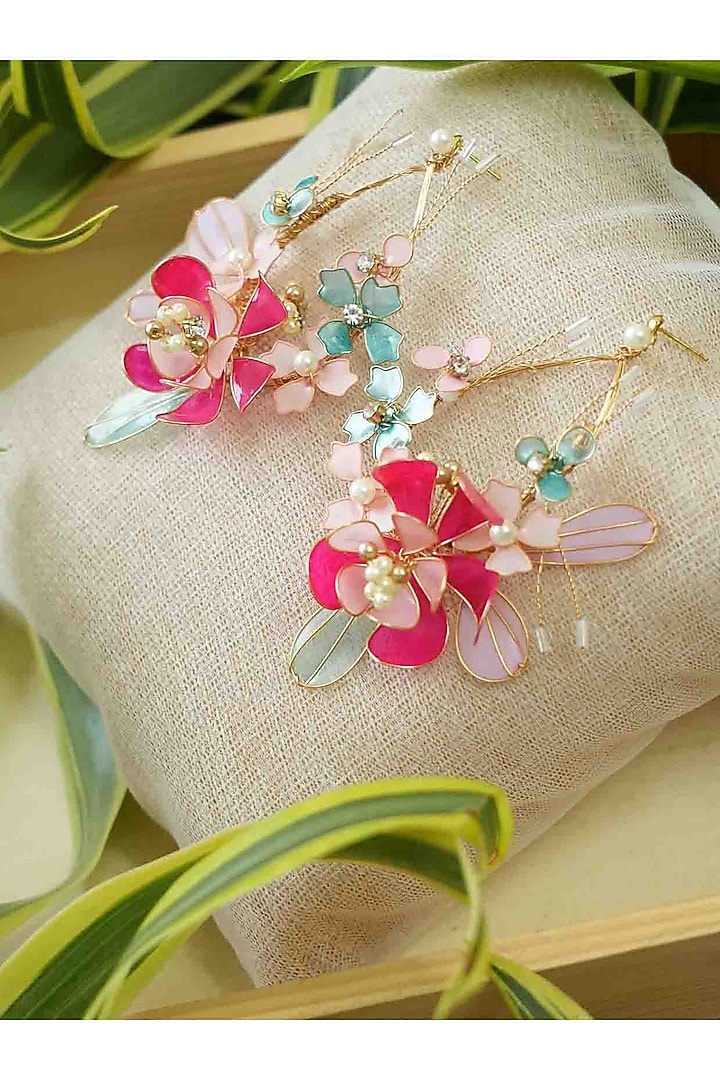Gold Finish Pink Gemstone & Resin Floral Earrings by FLORISTAA BY MAHEK at Pernia's Pop Up Shop
