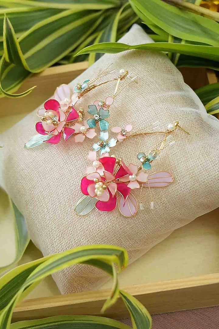 Gold Finish Pink Gemstone & Resin Floral Earrings by FLORISTAA BY MAHEK at Pernia's Pop Up Shop
