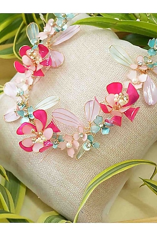 Gold Finish Pink Gemstone & Resin Floral Earrings by FLORISTAA BY MAHEK