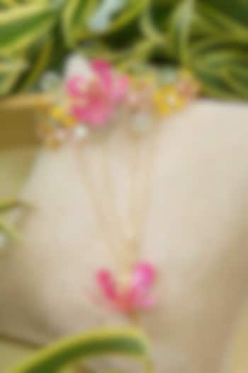 Gold Finish Pink Gemstone & Resin Floral Hathphool (Set of 2) by FLORISTAA BY MAHEK at Pernia's Pop Up Shop