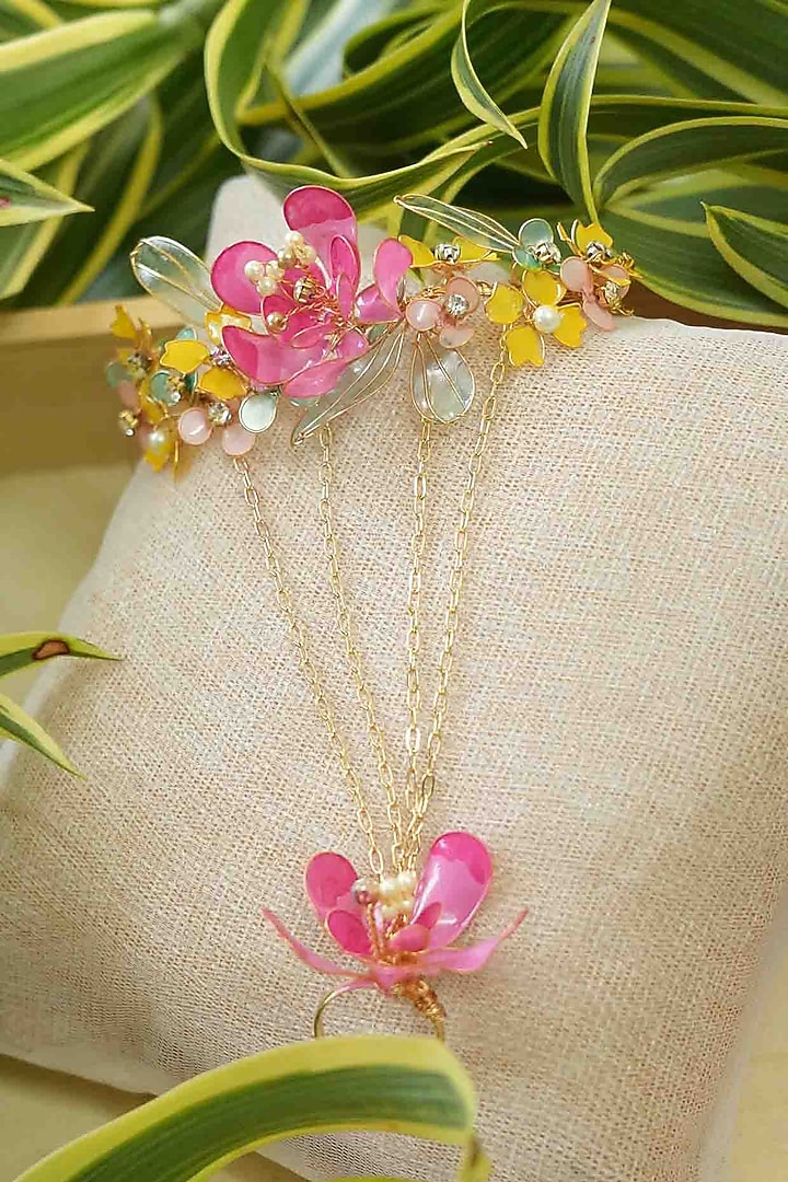 Gold Finish Pink Gemstone & Resin Floral Hathphool (Set of 2) by FLORISTAA BY MAHEK at Pernia's Pop Up Shop