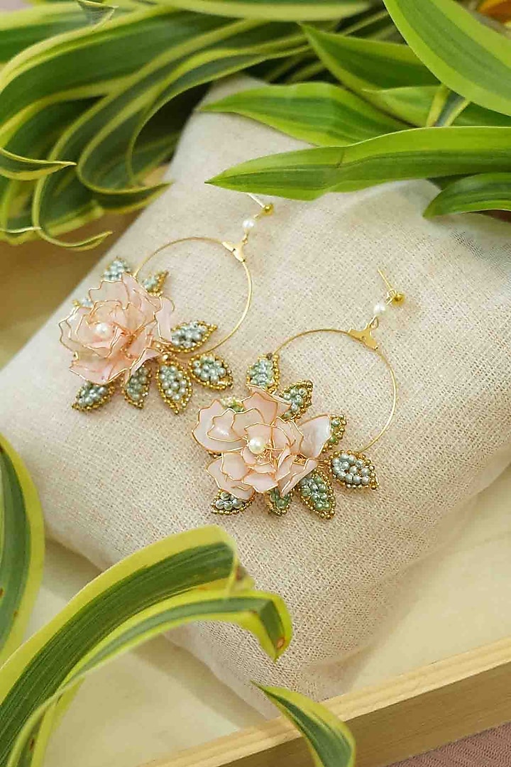 Gold Finish Pink Gemstone & Resin Floral Earrings by FLORISTAA BY MAHEK at Pernia's Pop Up Shop