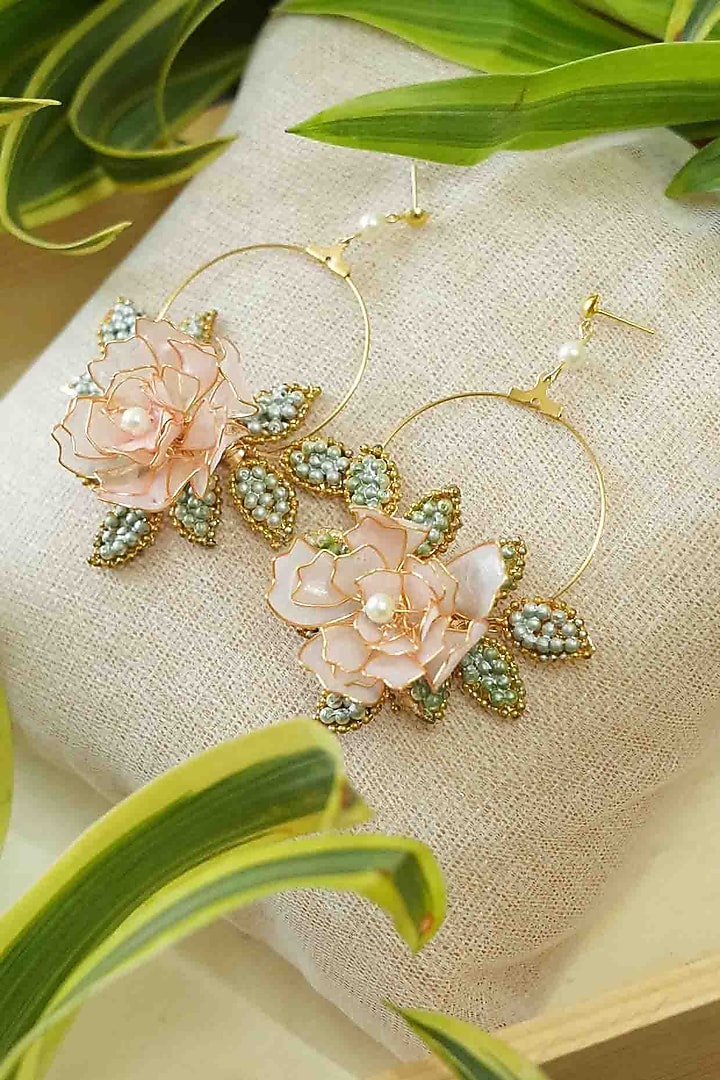 Gold Finish Pink Gemstone & Resin Floral Earrings by FLORISTAA BY MAHEK at Pernia's Pop Up Shop
