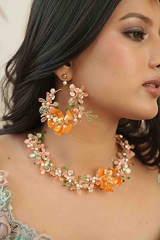 Gold Finish Orange Gemstone & Resin Floral Earrings by FLORISTAA BY MAHEK
