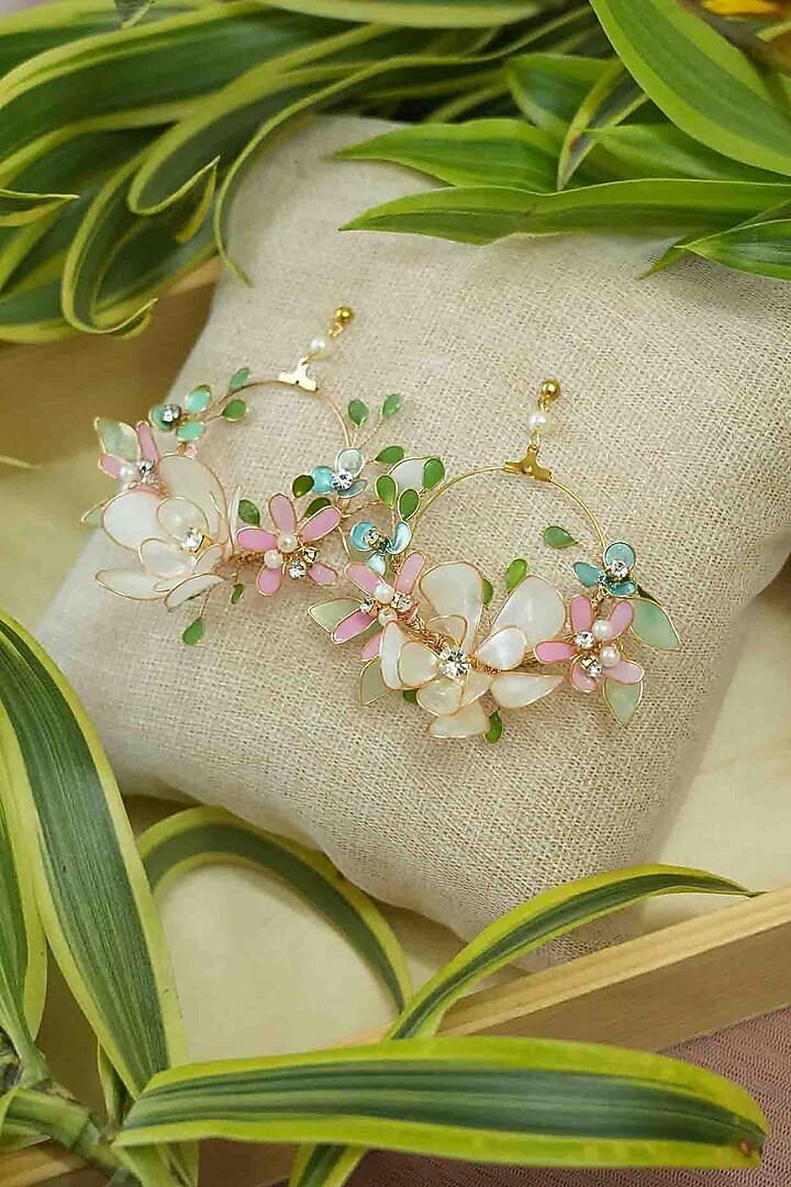 Gold Finish Off-White Gemstone & Resin Floral Earrings by FLORISTAA BY MAHEK at Pernia's Pop Up Shop