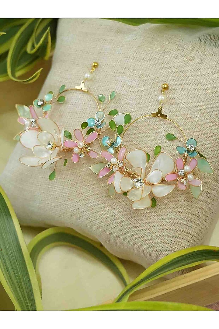 Gold Finish Off-White Gemstone & Resin Floral Earrings by FLORISTAA BY MAHEK at Pernia's Pop Up Shop