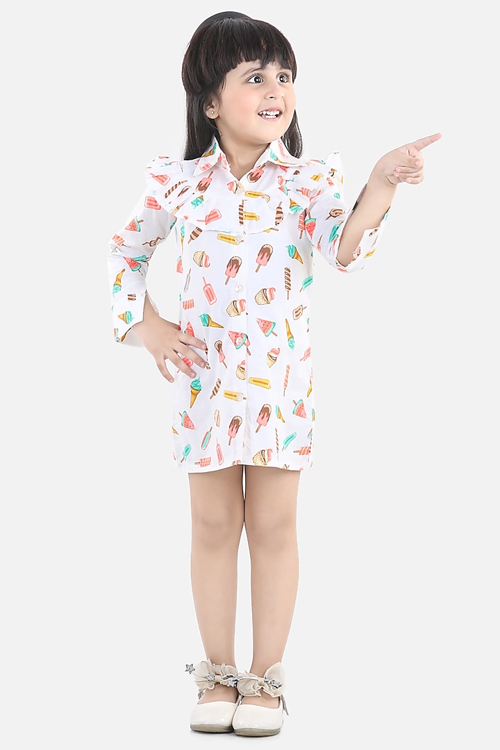 White Printed Shirt Dress For Girls by Fairies Forever